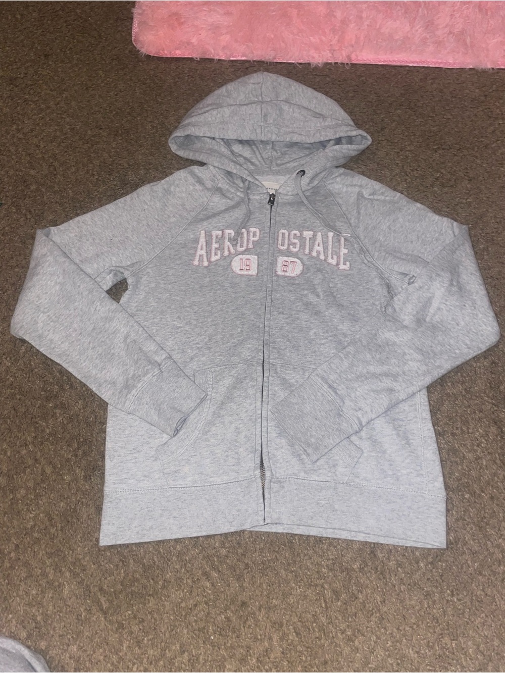 Aeropostale Light Gray Zip-Up Hoodie with Pink Accent Logo